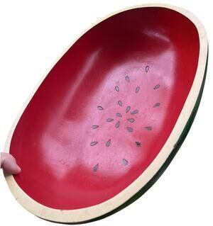 Large Hand Carved painted Wooden Watermelon Painted Serving Bowl 14”x10”x4”